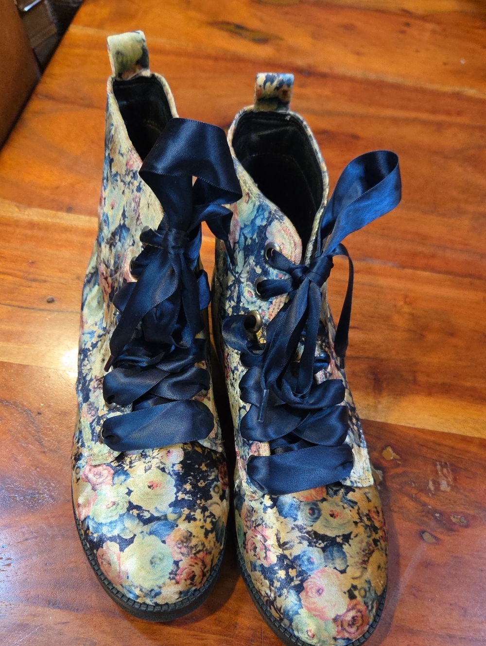 Dirty Laundry Floral Lace-Up Ankle Boots in Navy and Multicolor